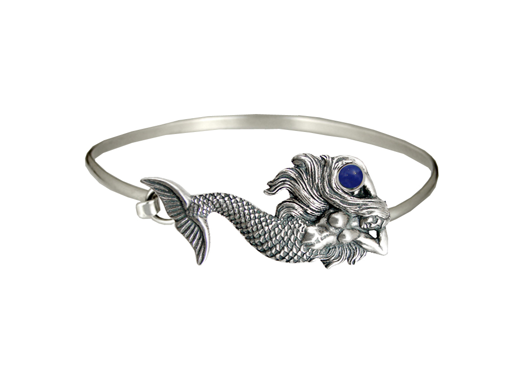 Sterling Silver Mermaid Strap Latch Spring Hook Bangle Bracelet With Lapis Lazuli